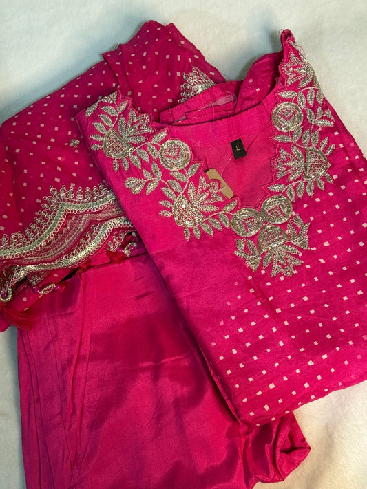 Pink dola silk designer party wear kurti set with bandhini cutwork dupatta