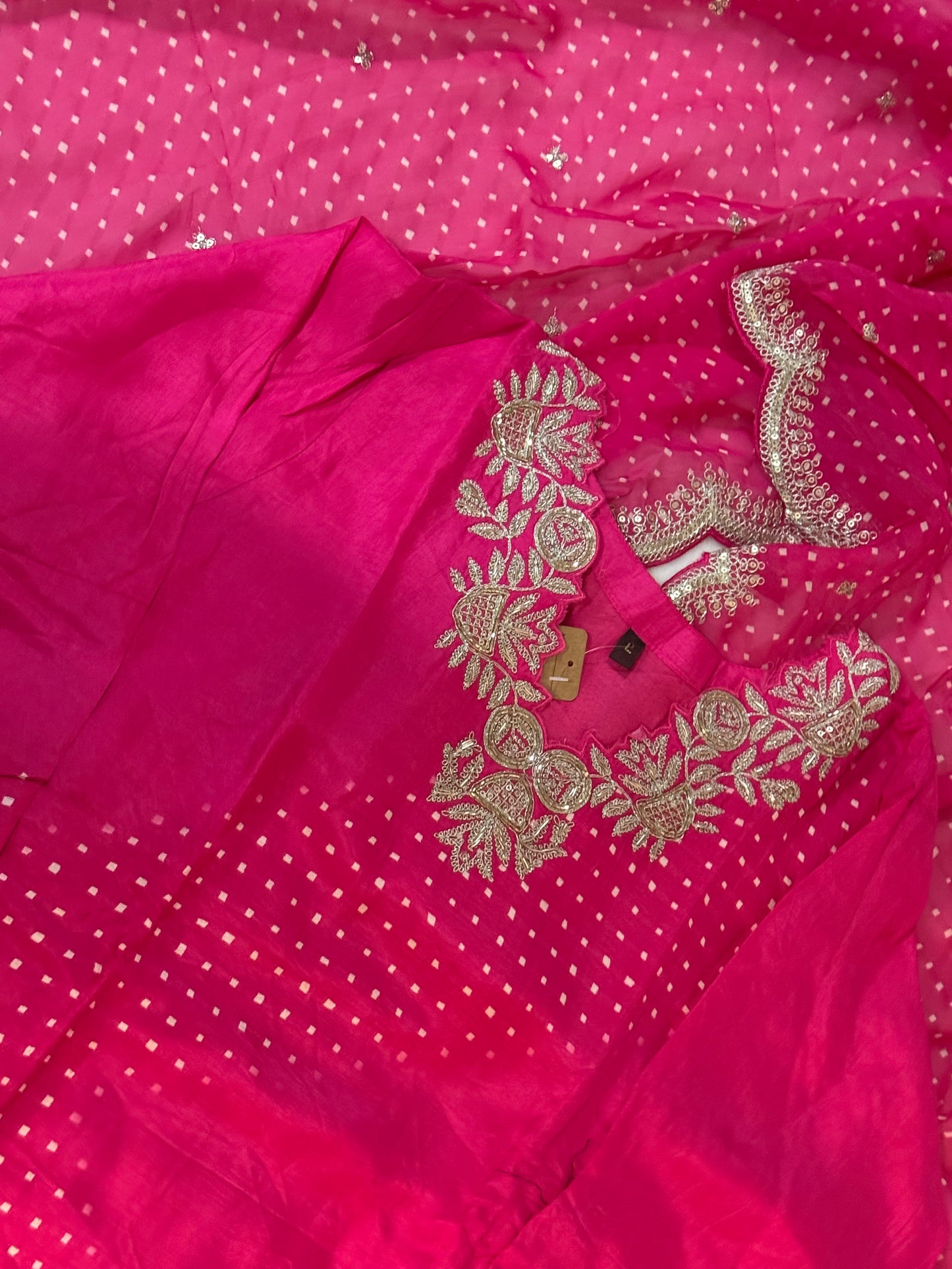 Pink dola silk designer party wear kurti set with bandhini cutwork dupatta