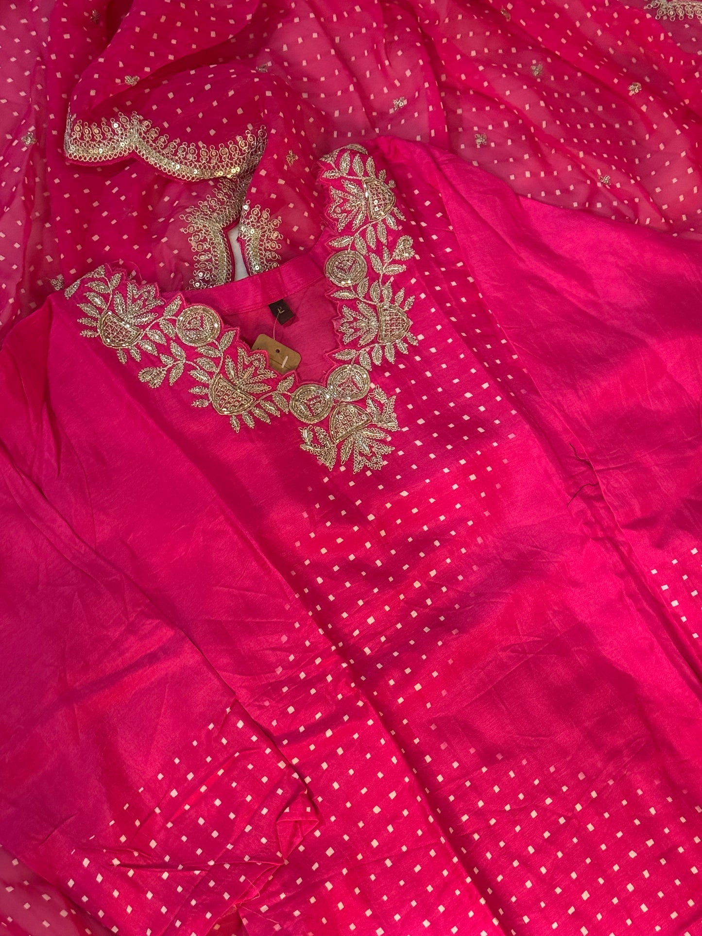 Pink dola silk designer party wear kurti set with bandhini cutwork dupatta