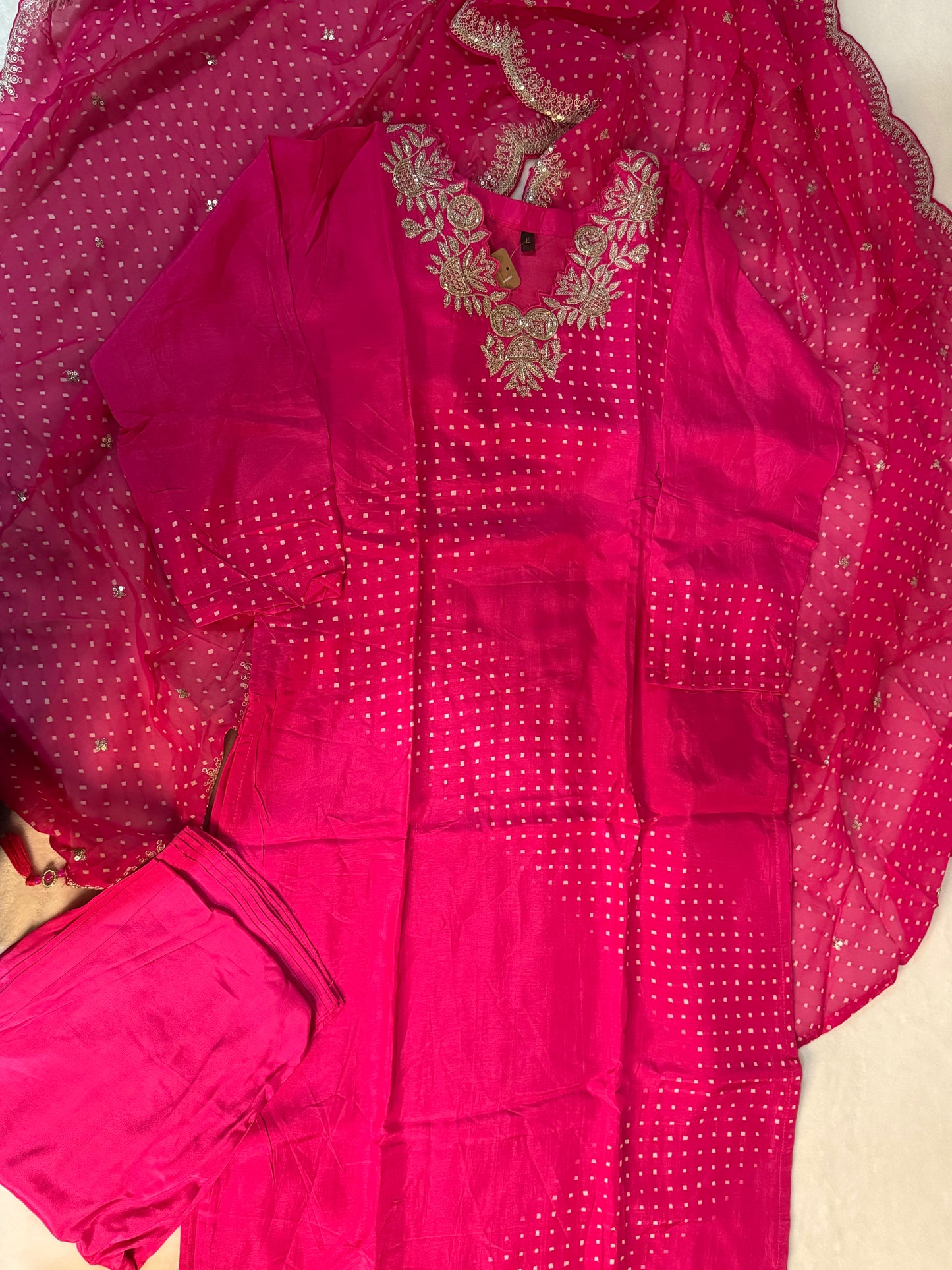 Pink dola silk designer party wear kurti set with bandhini cutwork dupatta