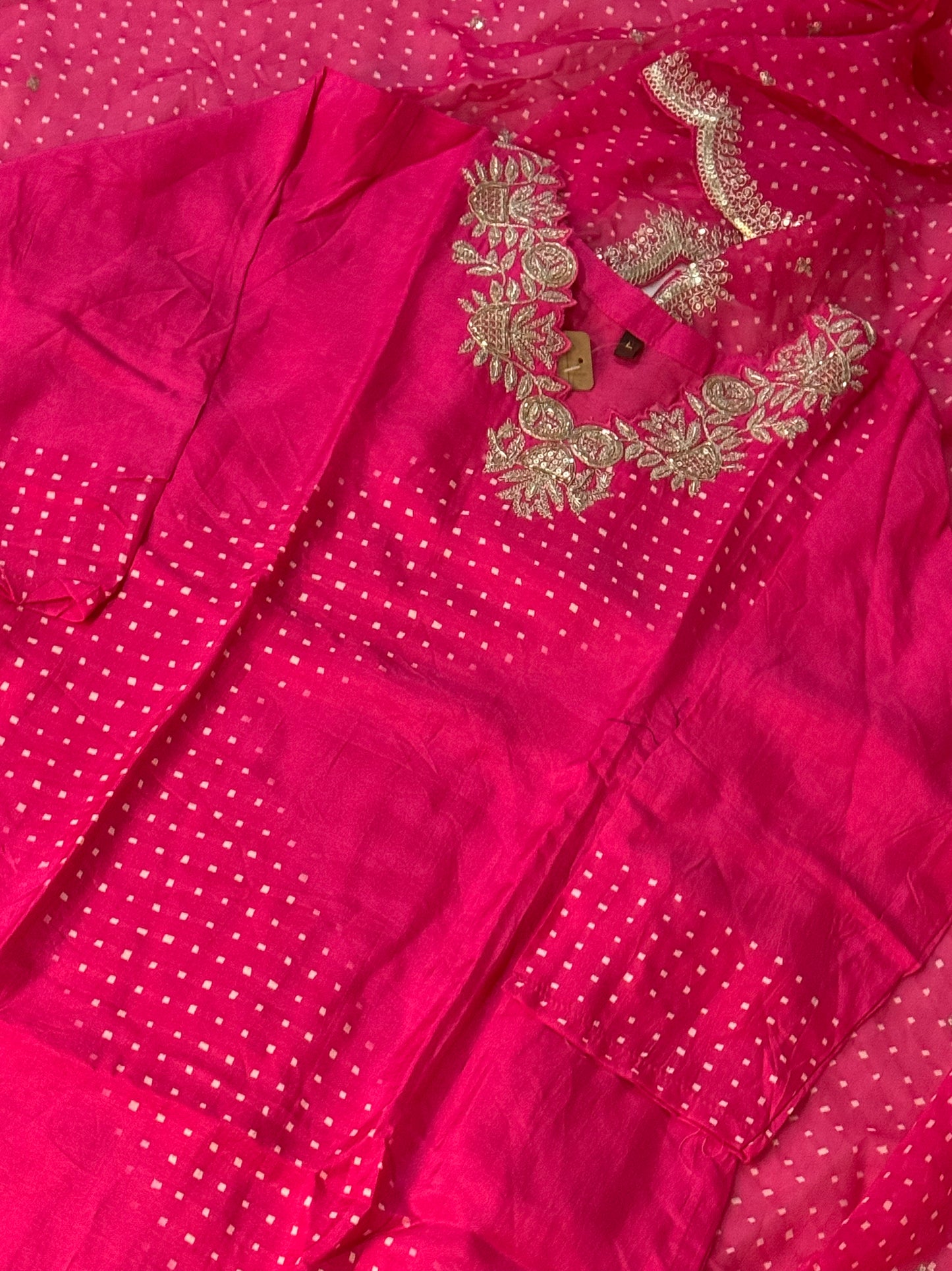 Pink dola silk designer party wear kurti set with bandhini cutwork dupatta