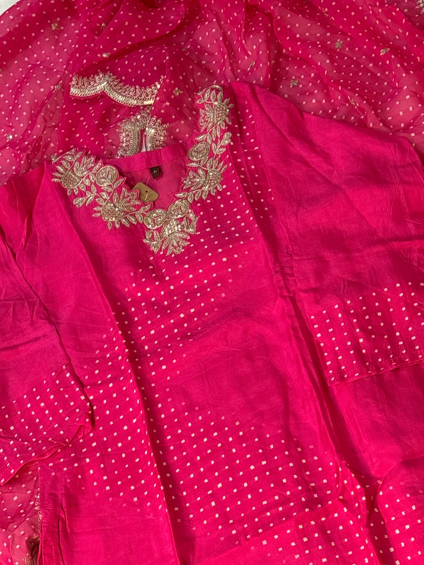 Pink dola silk designer party wear kurti set with bandhini cutwork dupatta