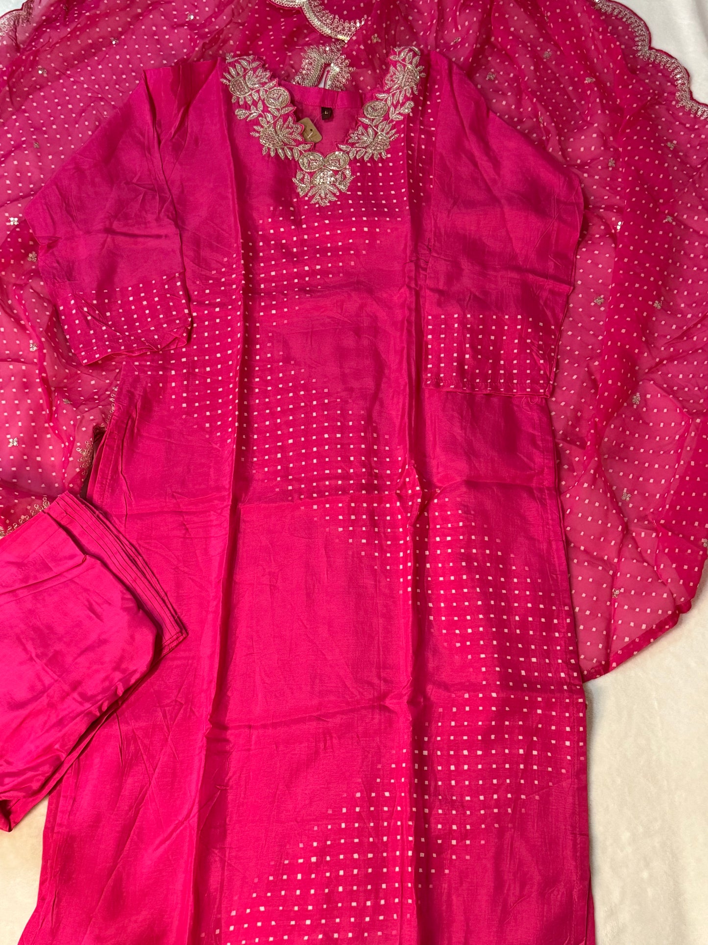 Pink dola silk designer party wear kurti set with bandhini cutwork dupatta
