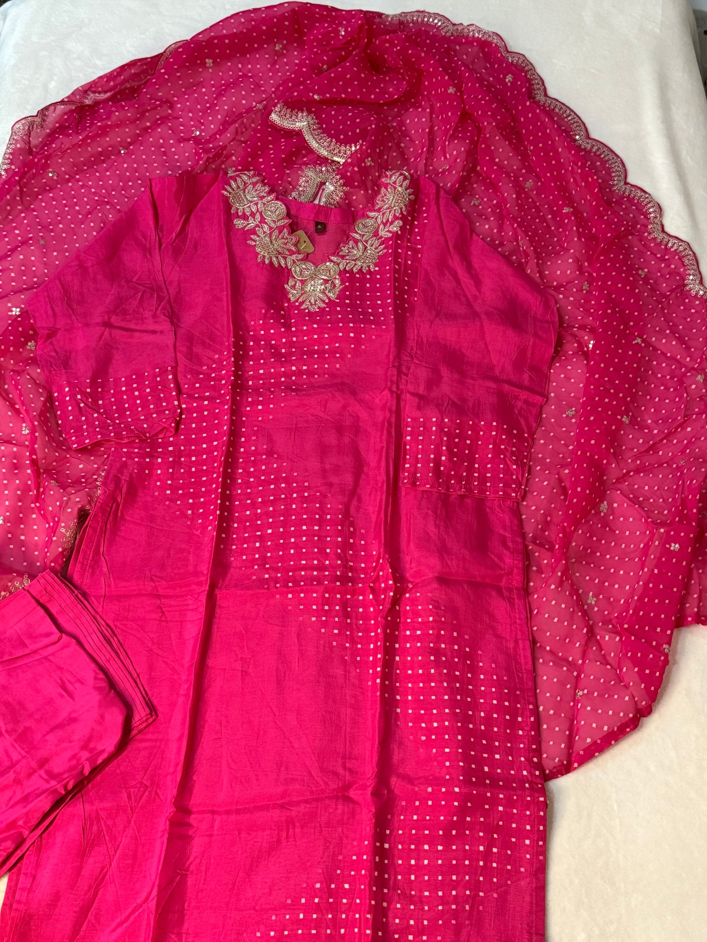 Pink dola silk designer party wear kurti set with bandhini cutwork dupatta