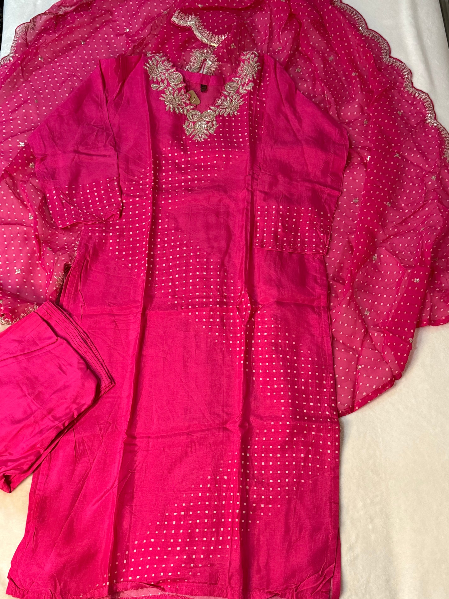 Pink dola silk designer party wear kurti set with bandhini cutwork dupatta