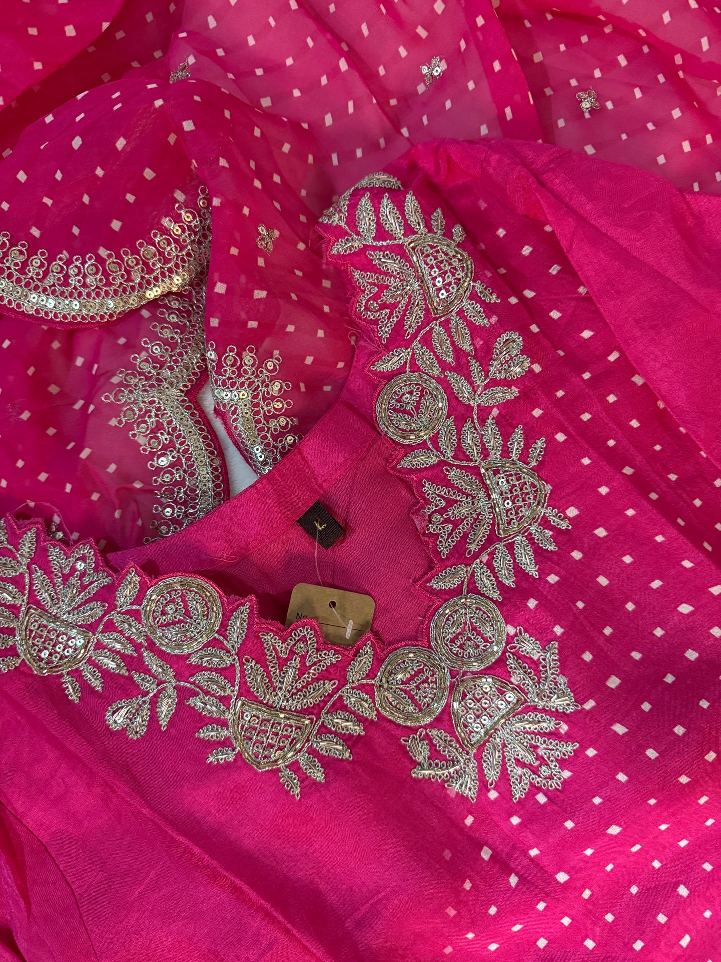 Pink dola silk designer party wear kurti set with bandhini cutwork dupatta
