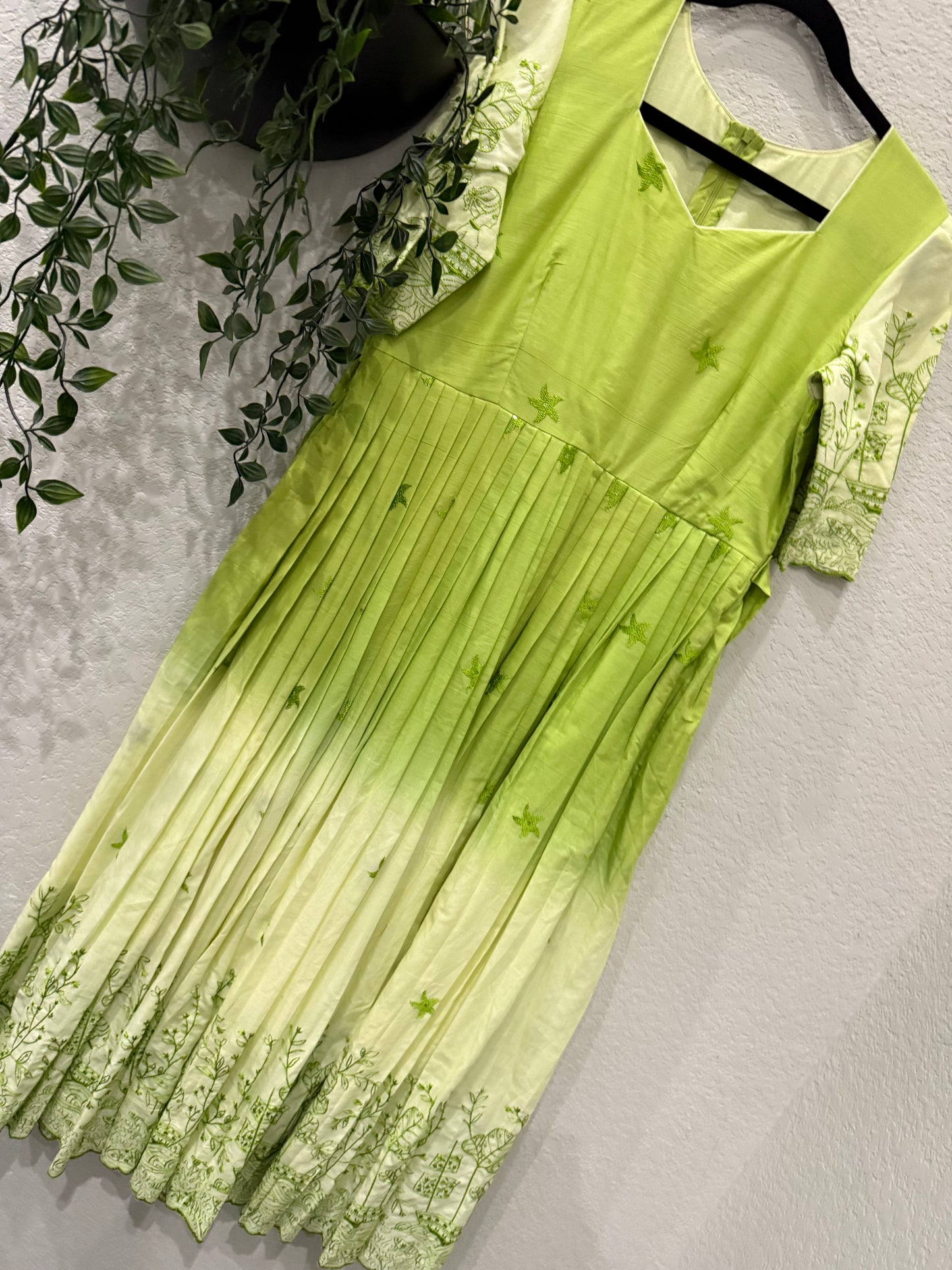 Green dual shade embroidered mul cotton frock