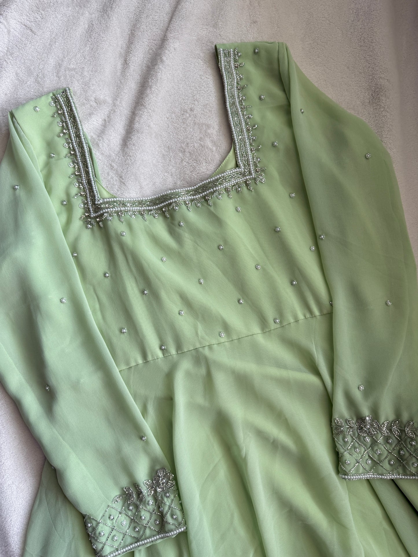 Pista green maggam work georgette heavy flare anarkali tunic