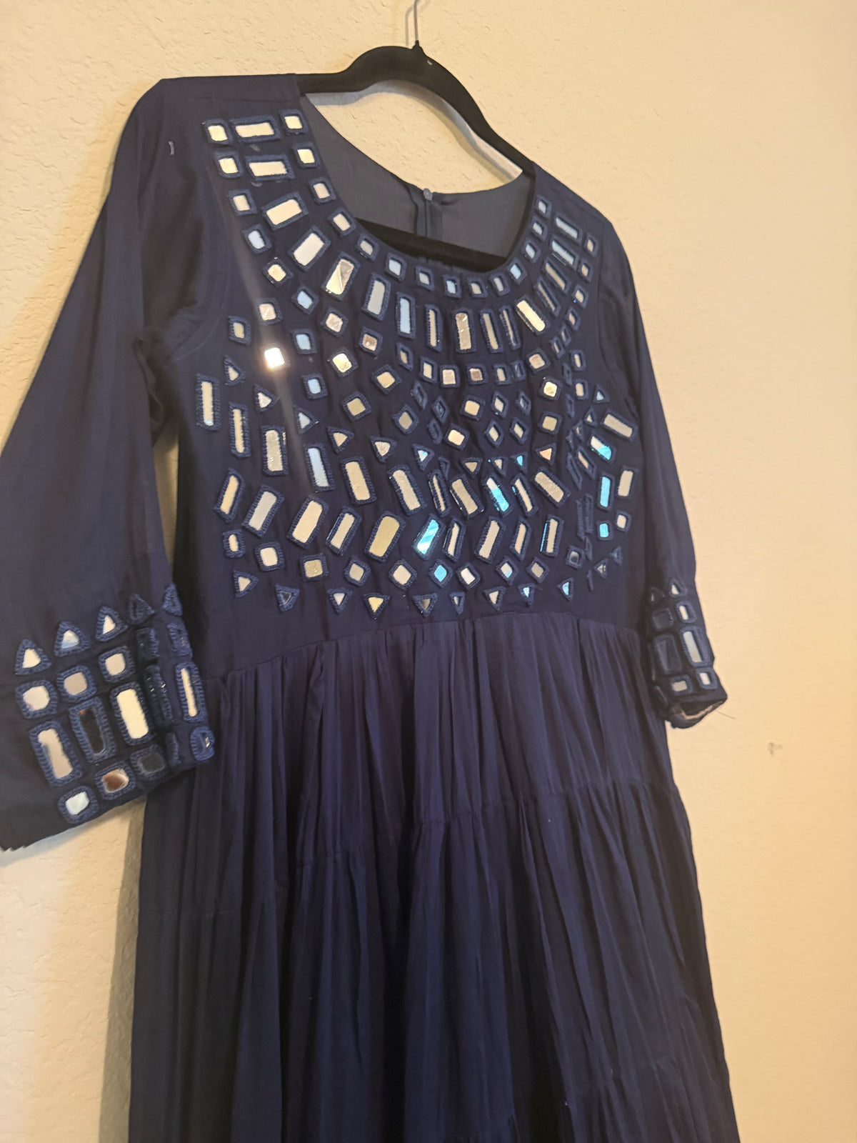 Navy Blue Mirror Work Heavy Flared Anarkali Long Dress