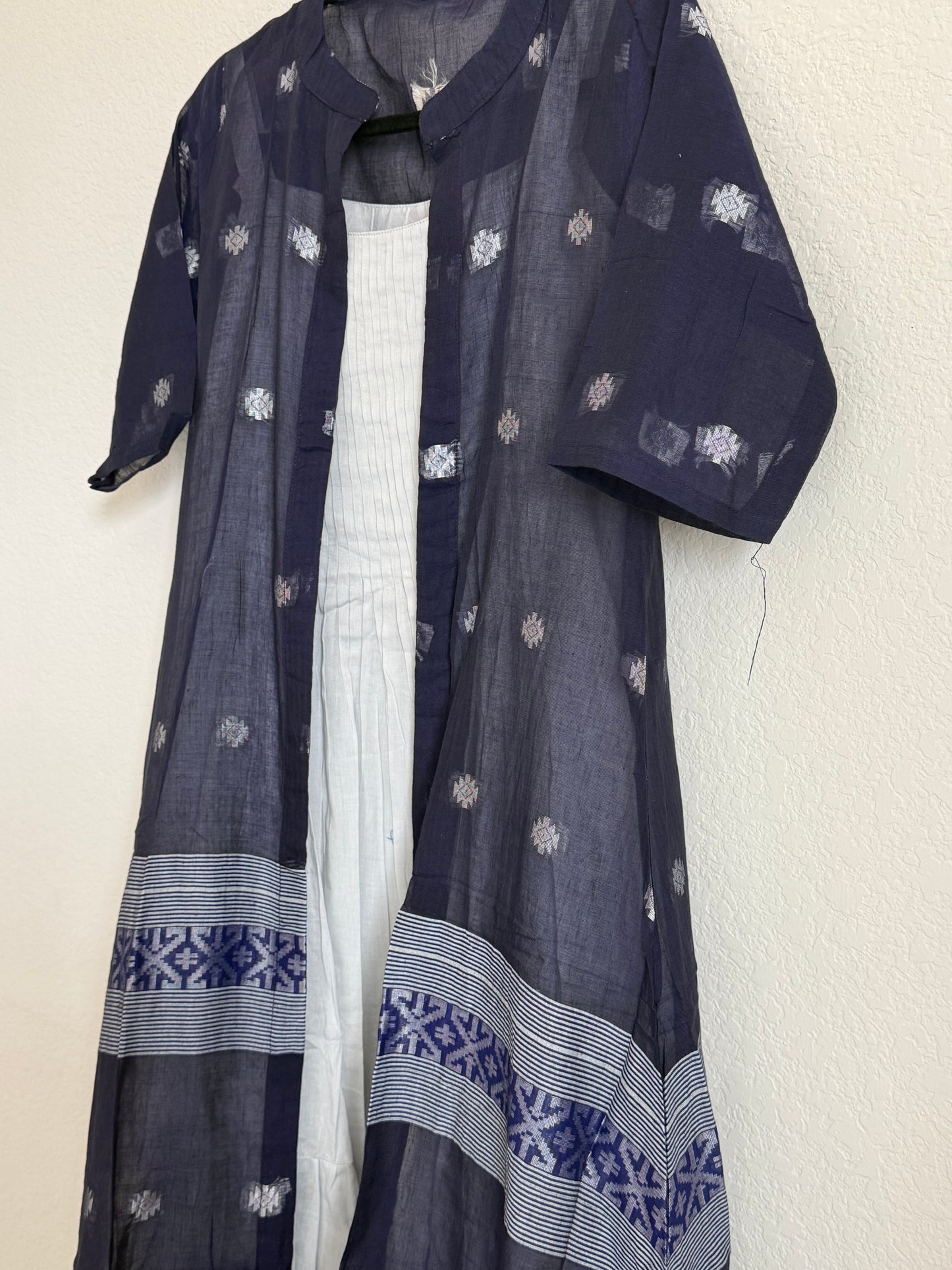 Navy Blue Jamdani Overcoat Dress with Gray Sleeveless Tunic