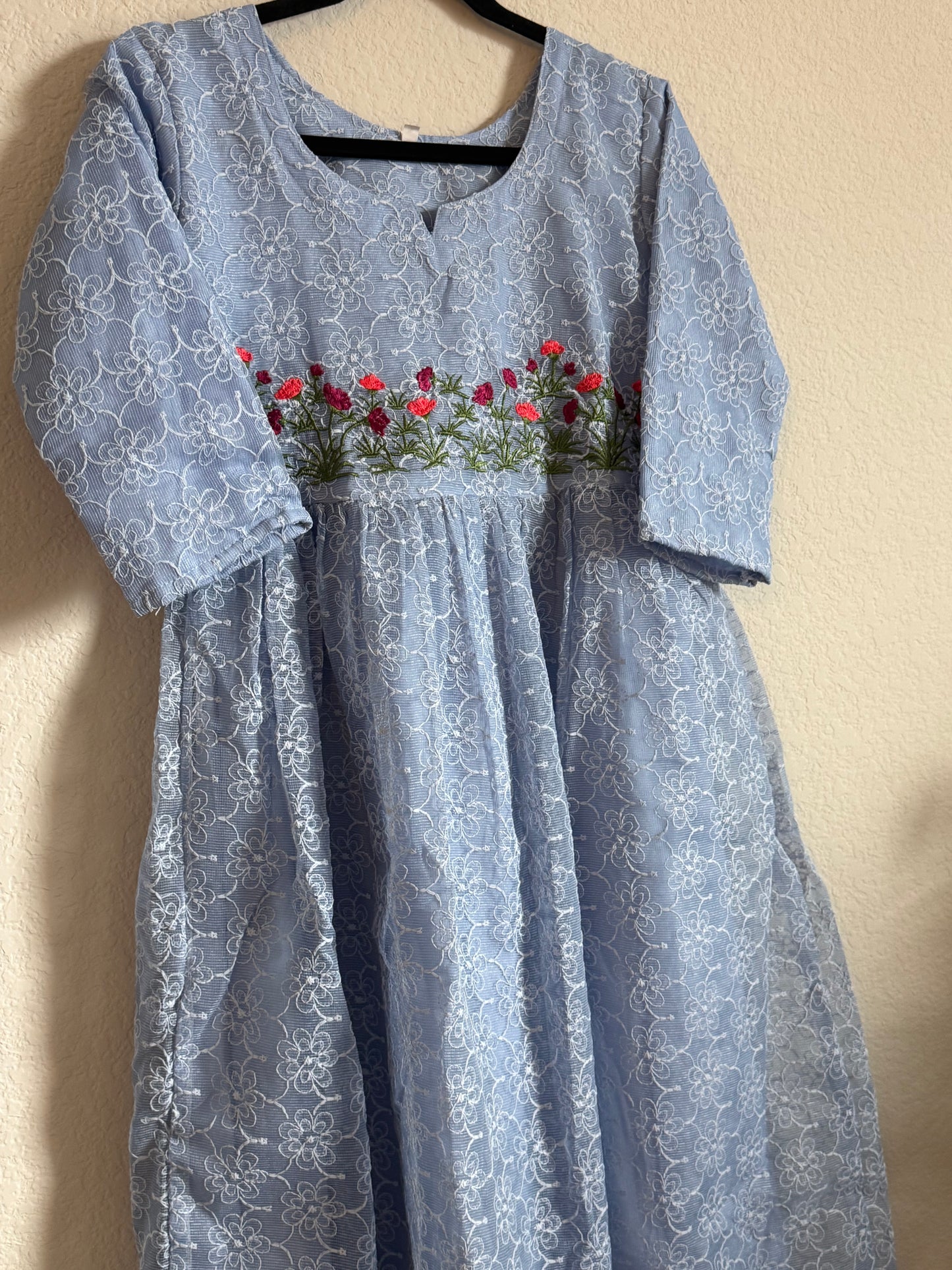 Powder Blue Net Kota Embroidered Frock
