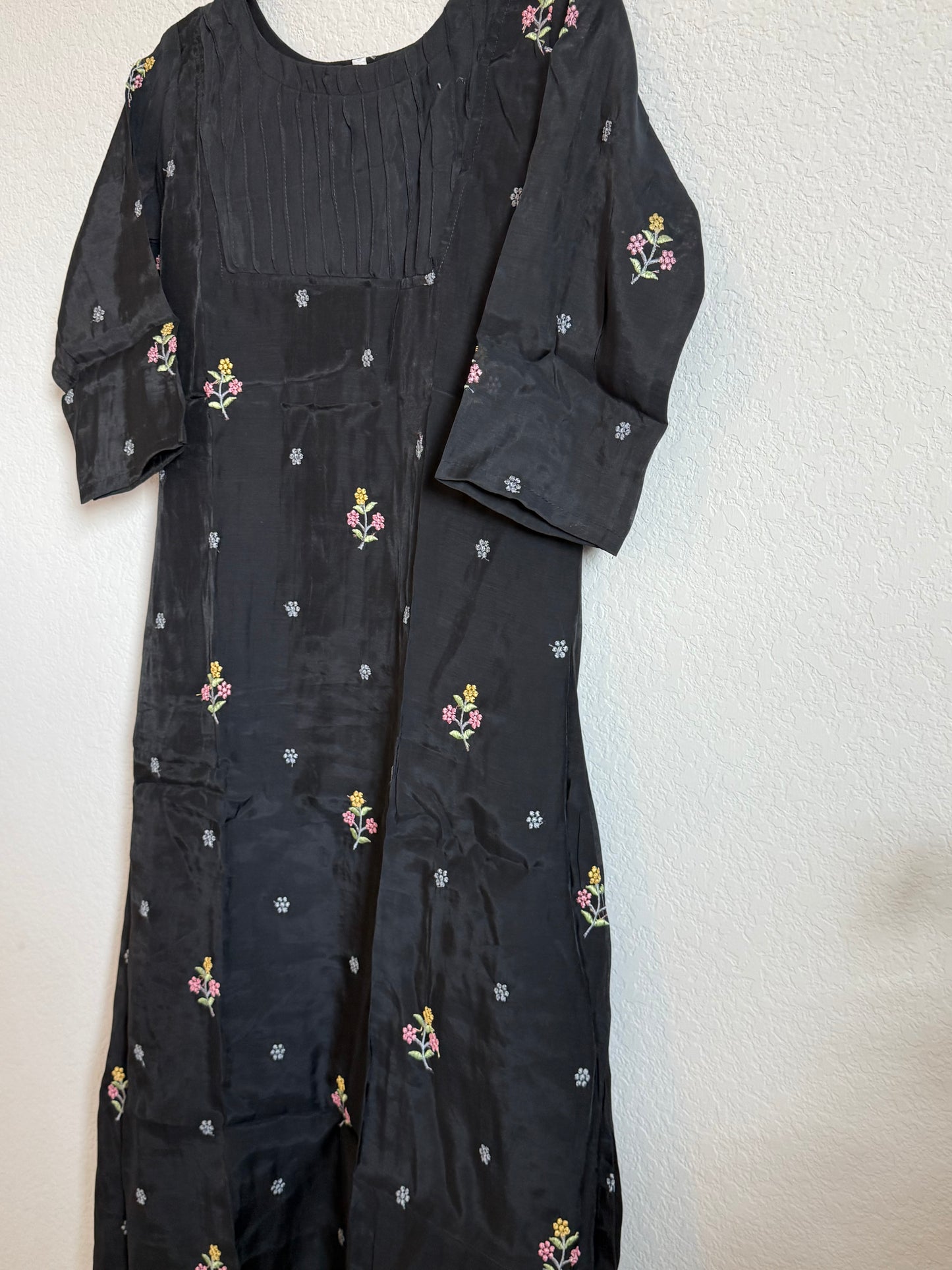 Black Floral Embroidered Mul Chanderi A-line Kurti