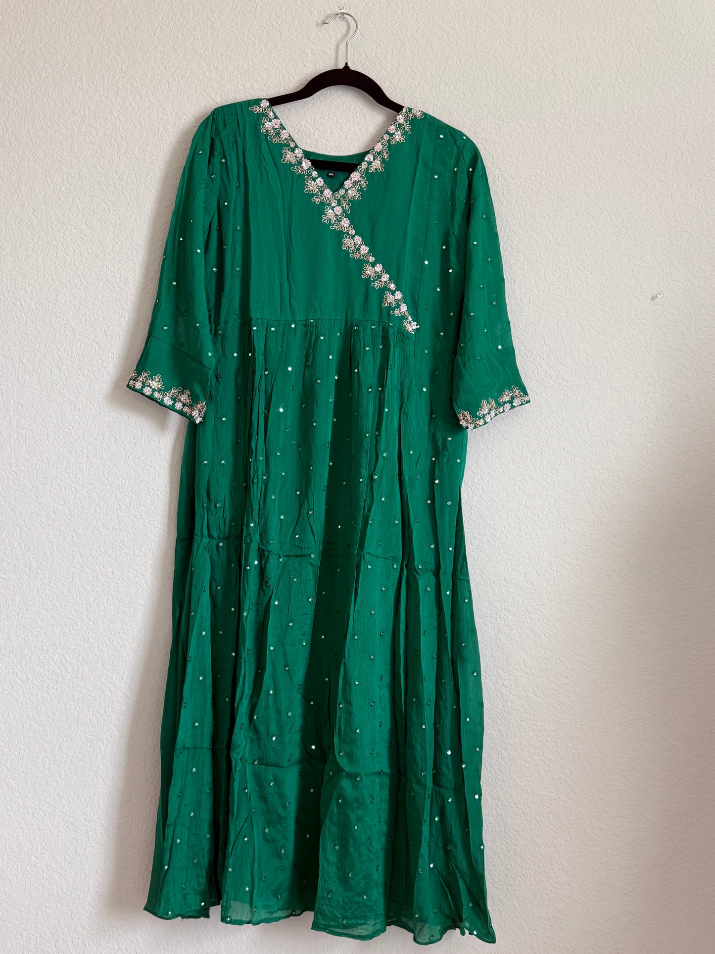 Green chinnon mirror maggam work tunic