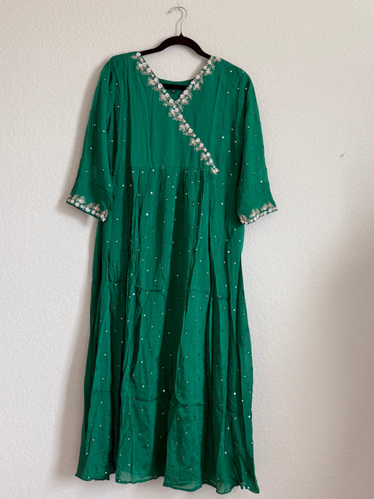 Green chinnon mirror maggam work tunic