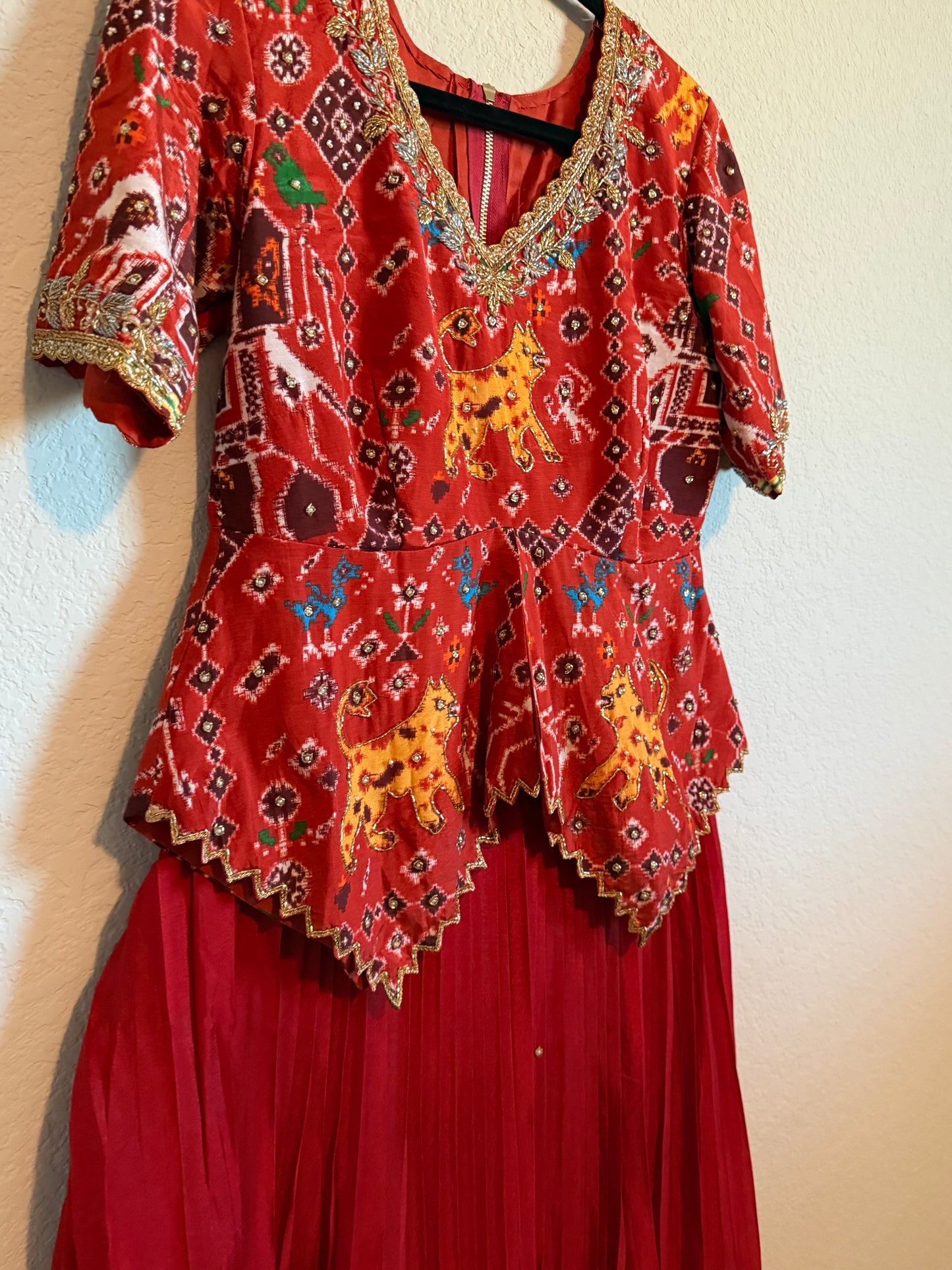 Rust Orange Pure Patola Diamond Cut Pattern Peplum Top with Skirt Set