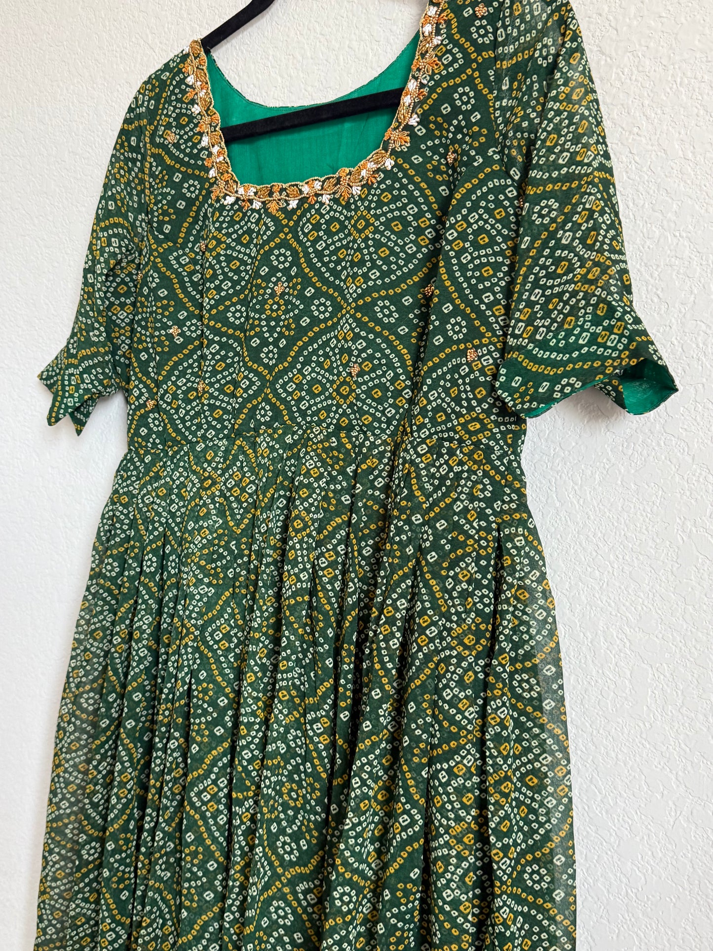 Green Bandhini Handwork Anarkali Tunic