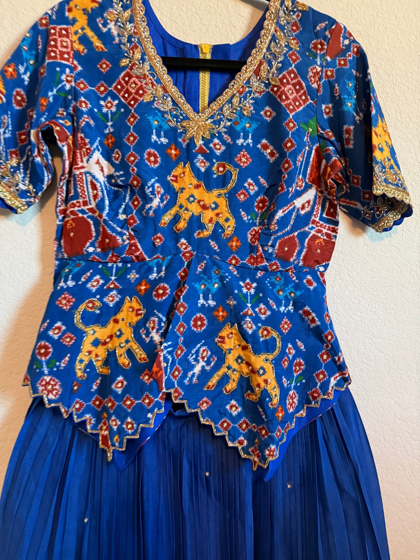Blue Pure Patola Diamond Cut Pattern Peplum Top with Skirt Set