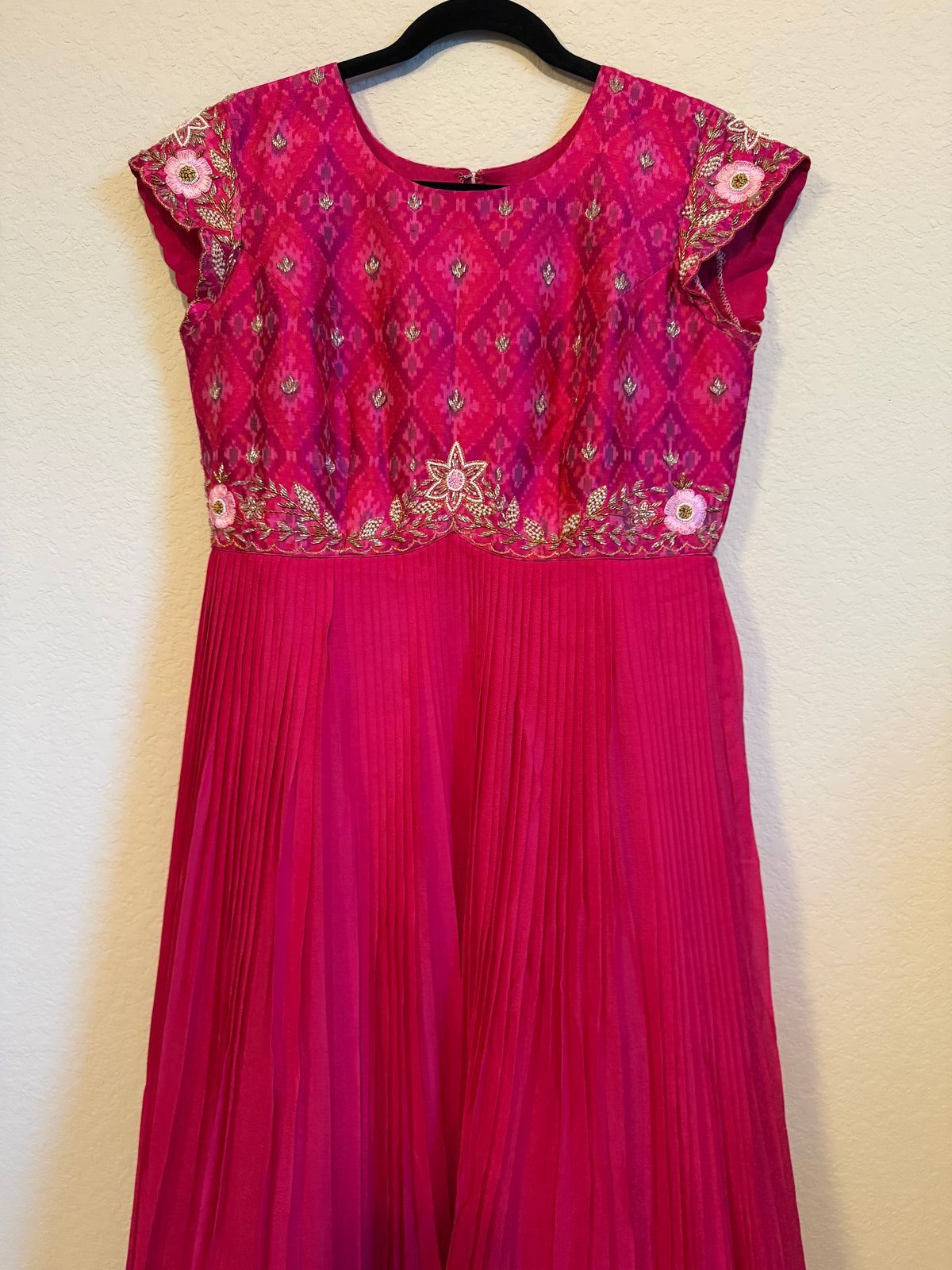 Pink Raw Silk Ikkath Maggam Work Designer Long Dress with Short Sleeve