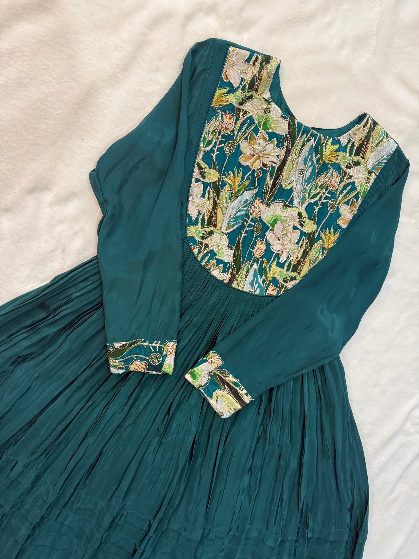 Bottle green crape silk anarkali tunic with yolk detailing