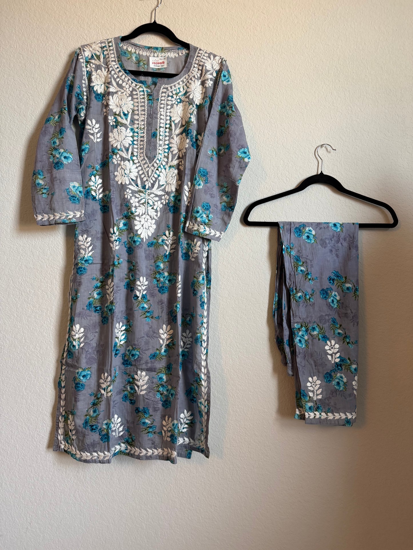 Gray Floral Printed Cotton Chikankari Coord Set - Top with Palazzo
