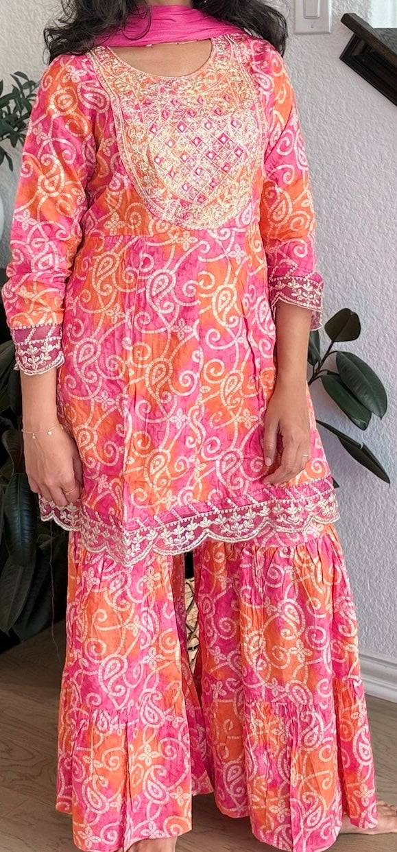 Pink and orange bandhini sharara set