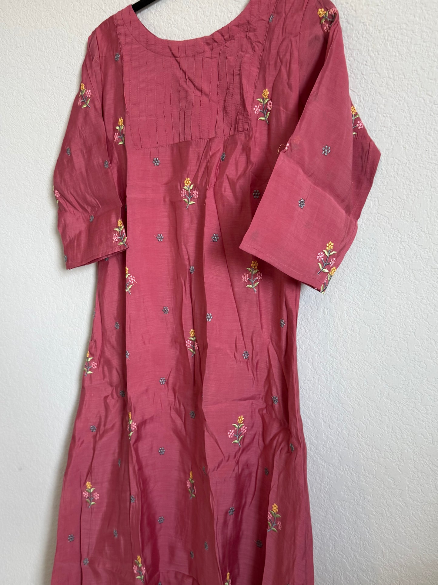 Peach Floral Embroidered Mul Chanderi A-line Kurti