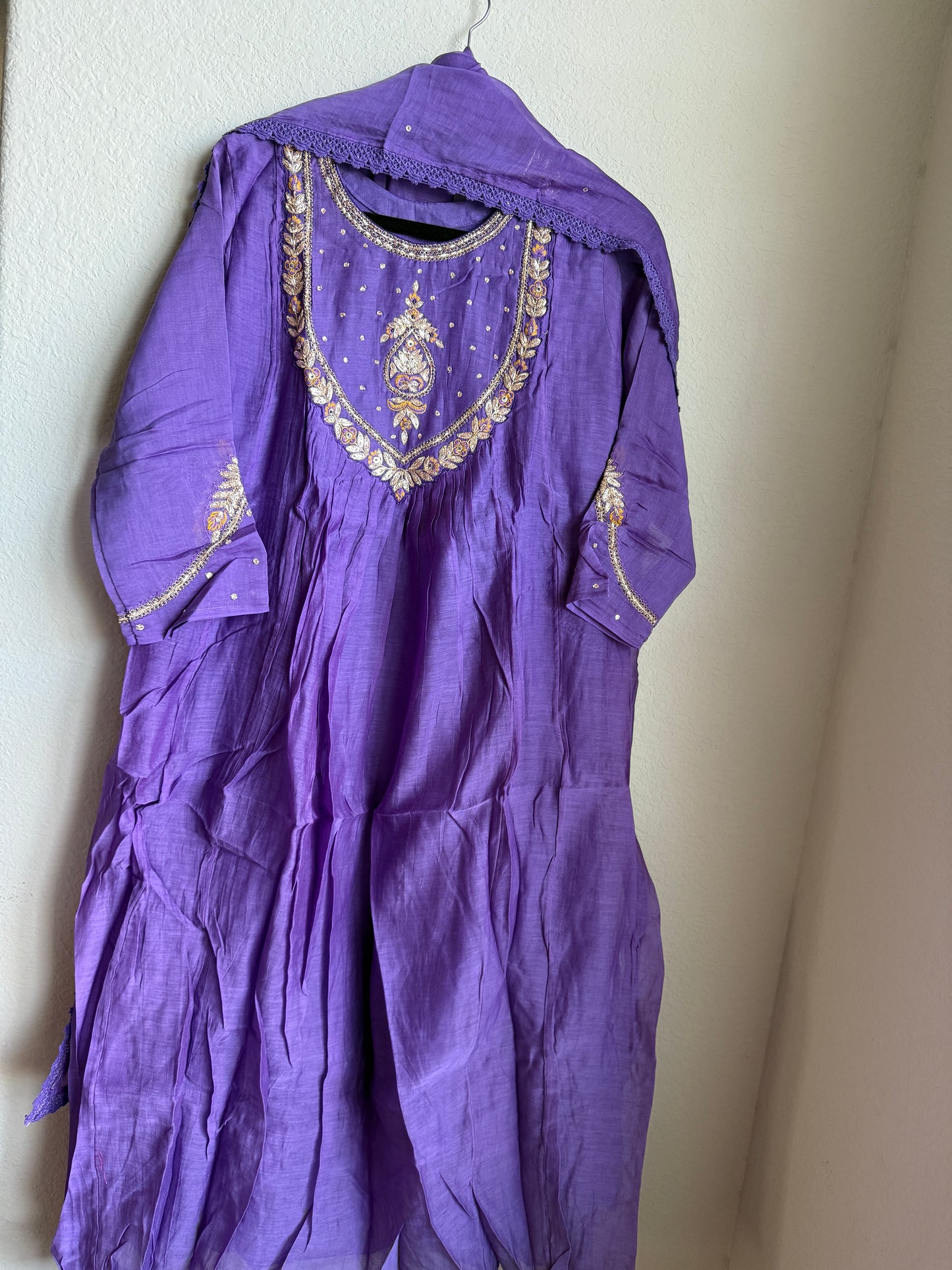 Purple mul chanderi designer A-line kurti set