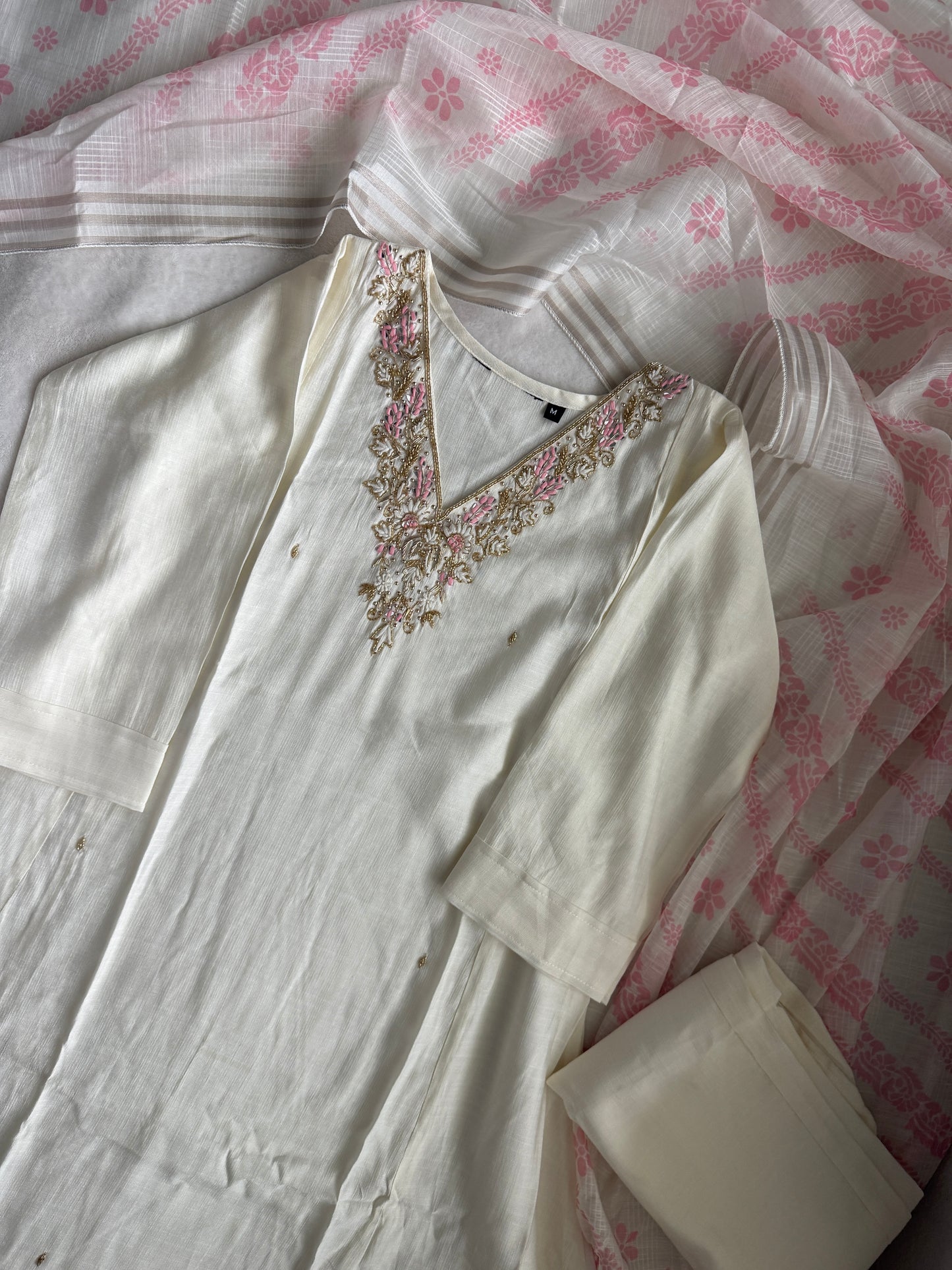 Ivory shade vatican silk handwork anarkali kurti set with floral dupatta