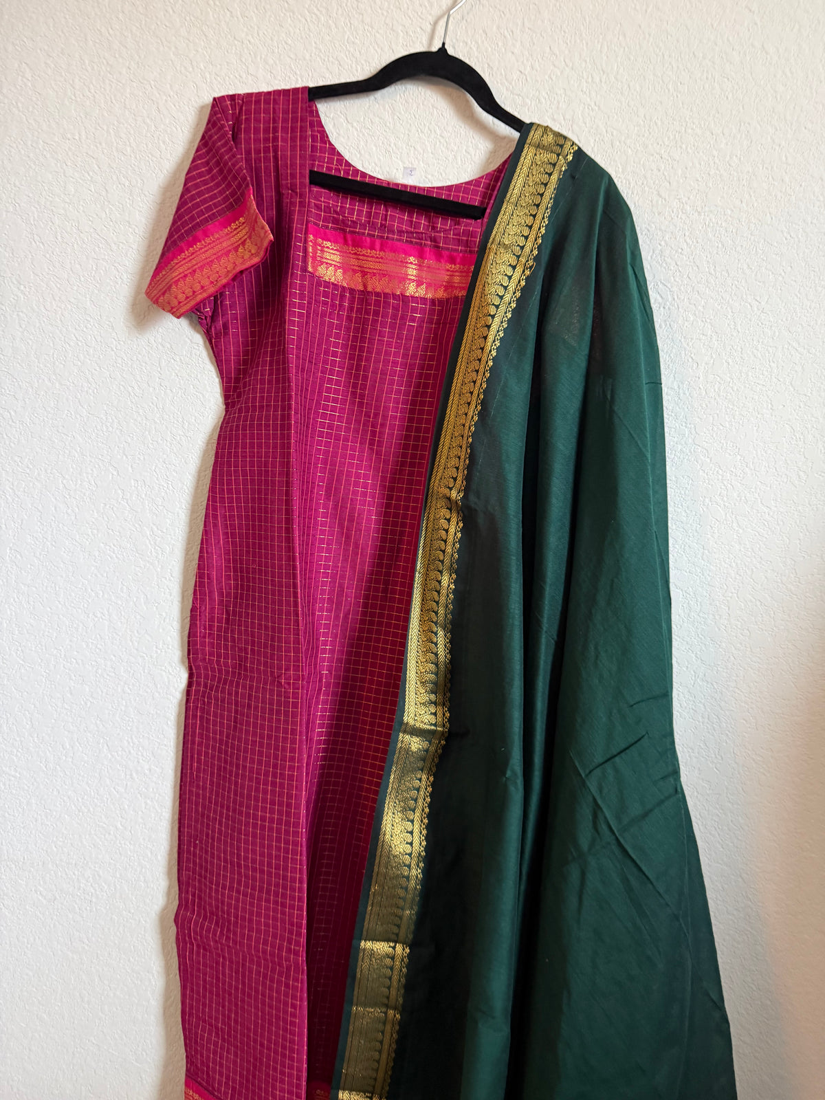 Pink with Green Handloom Checks Top and Dupatta Set