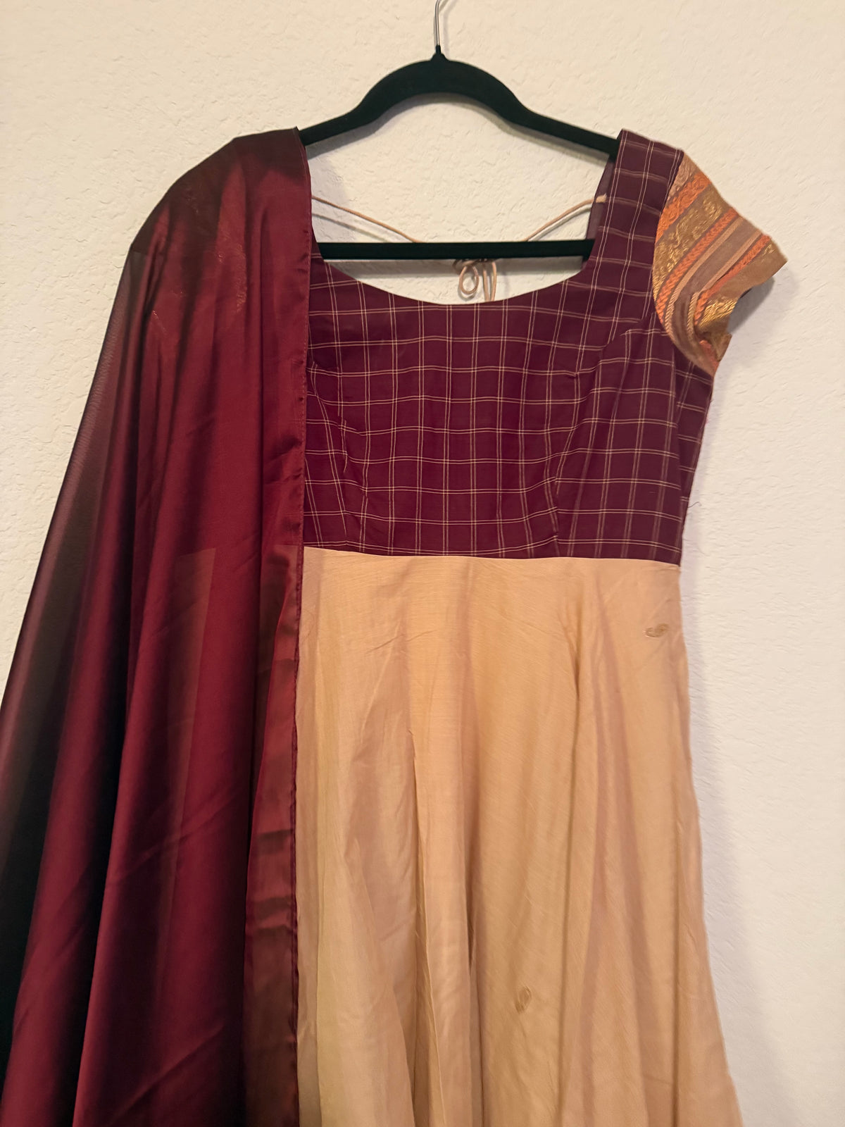 Premium Cream and Maroon Cotton Traditional Anarkali Set - Top and Dupatta