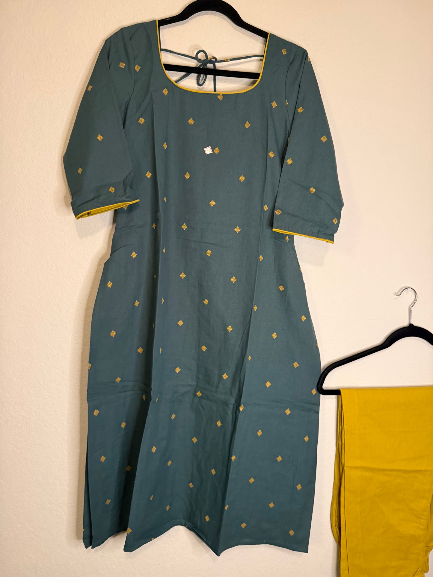 Green and Yellow Cotton A-line Customized Coord Set