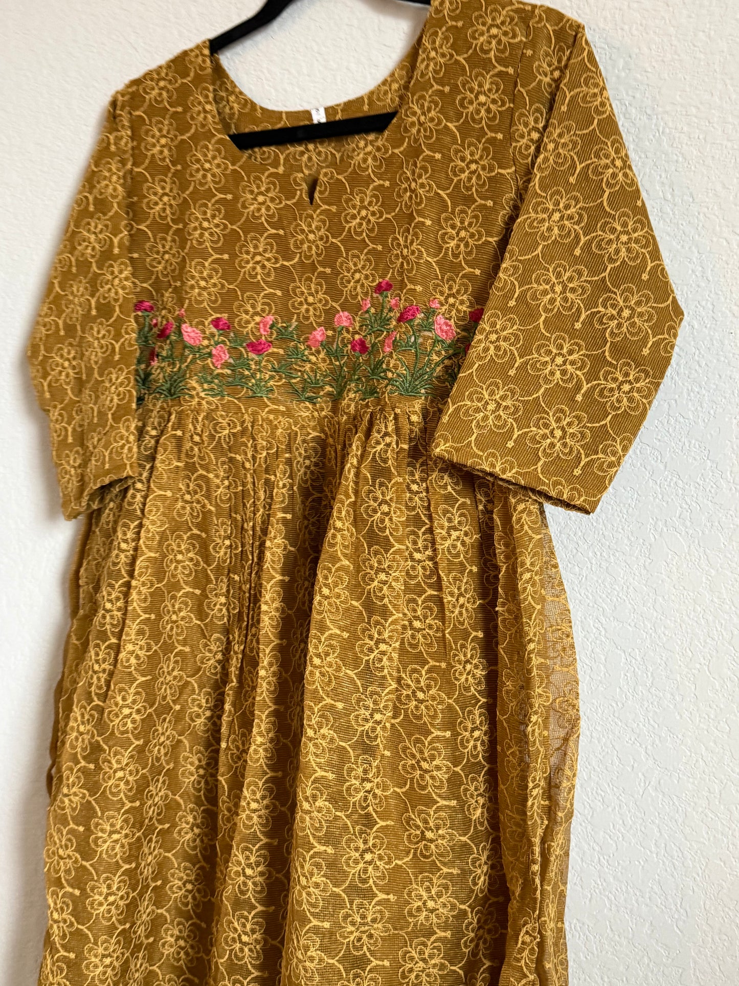 Mustard Yellow Net Kota Embroidered Frock
