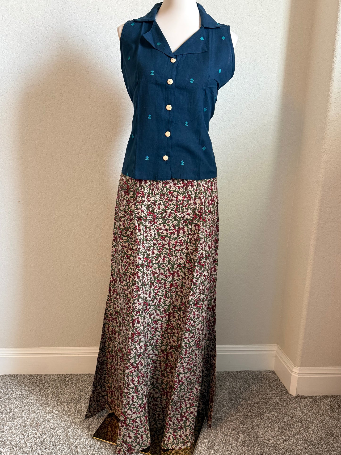 Blue Cotton Top with Kalamkari Long Skirt