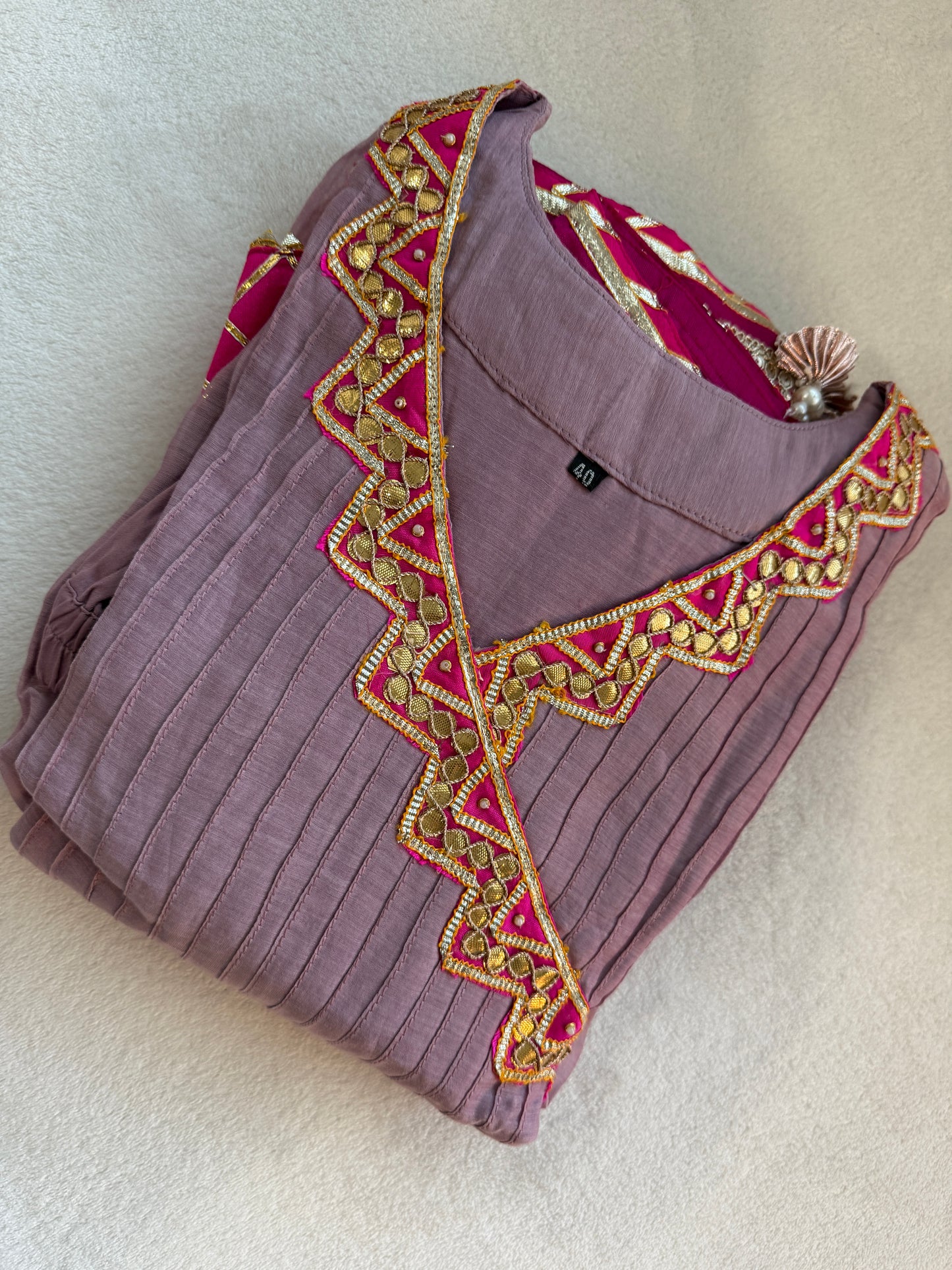 Lilac shade mul chanderi angrakha pattern kurti set with beautiful bandhini dupatta