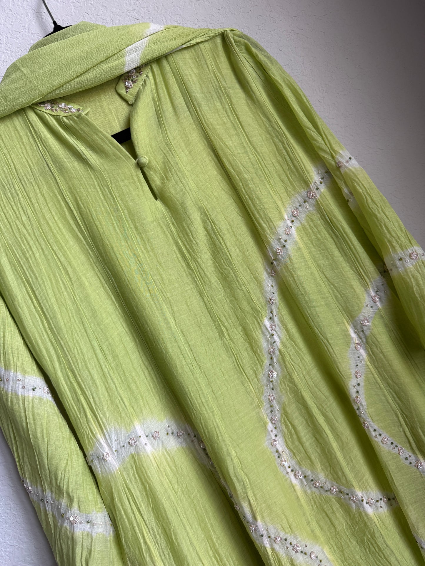 Parrot green mul chanderi A-line kurti set with chiffon dupatta