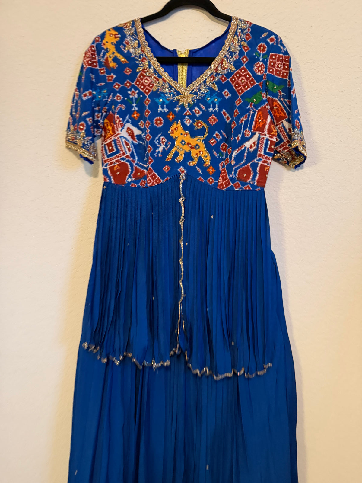 Blue Pure Patola Peplum Top with Skirt Set