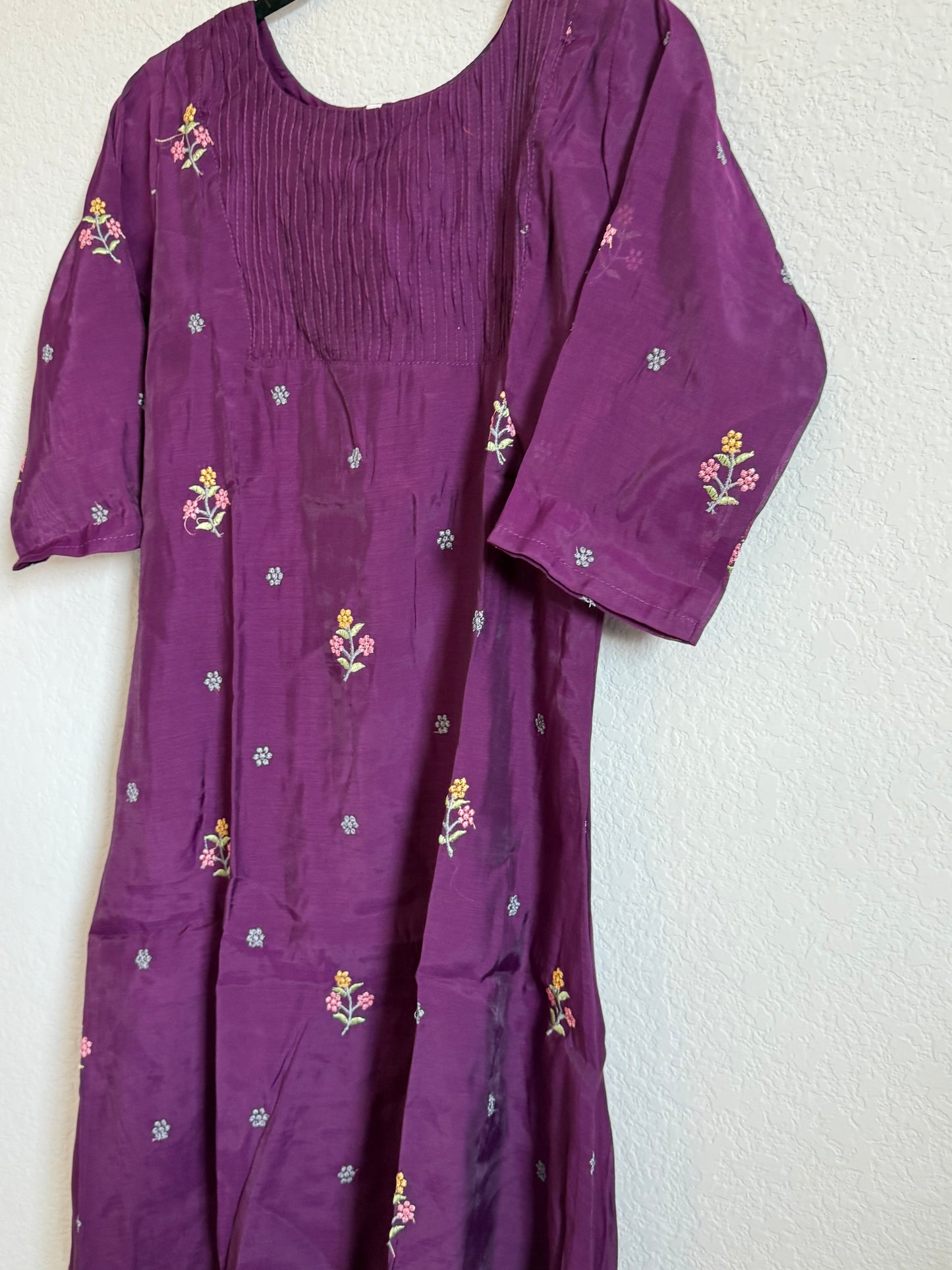 Wine Floral Embroidered Mul Chanderi A-line Kurti