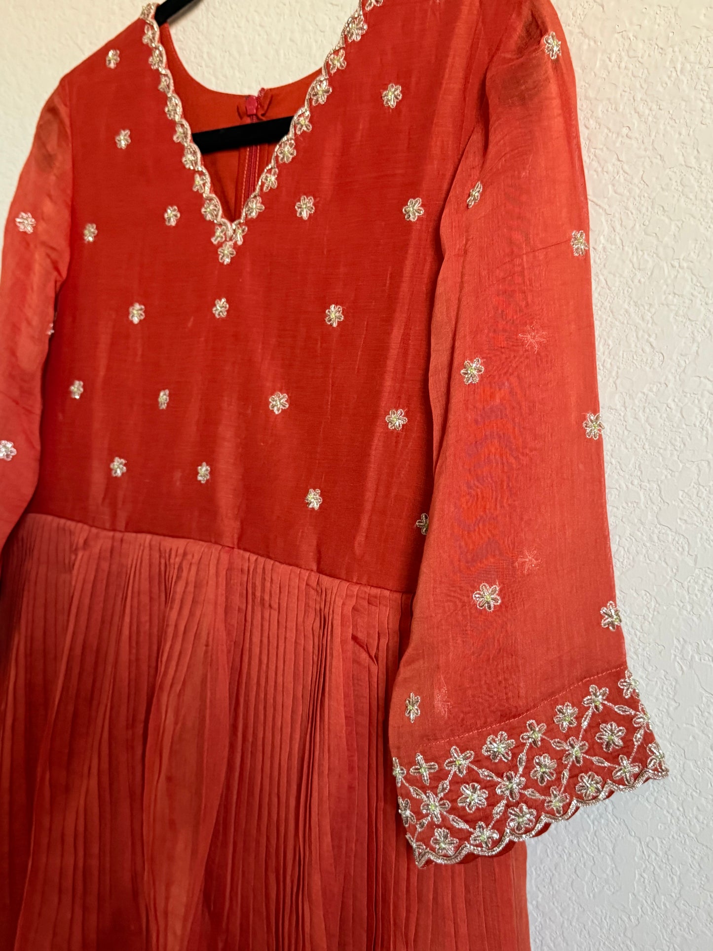 Rust Orange Mul Chanderi Handwork Designer Dress