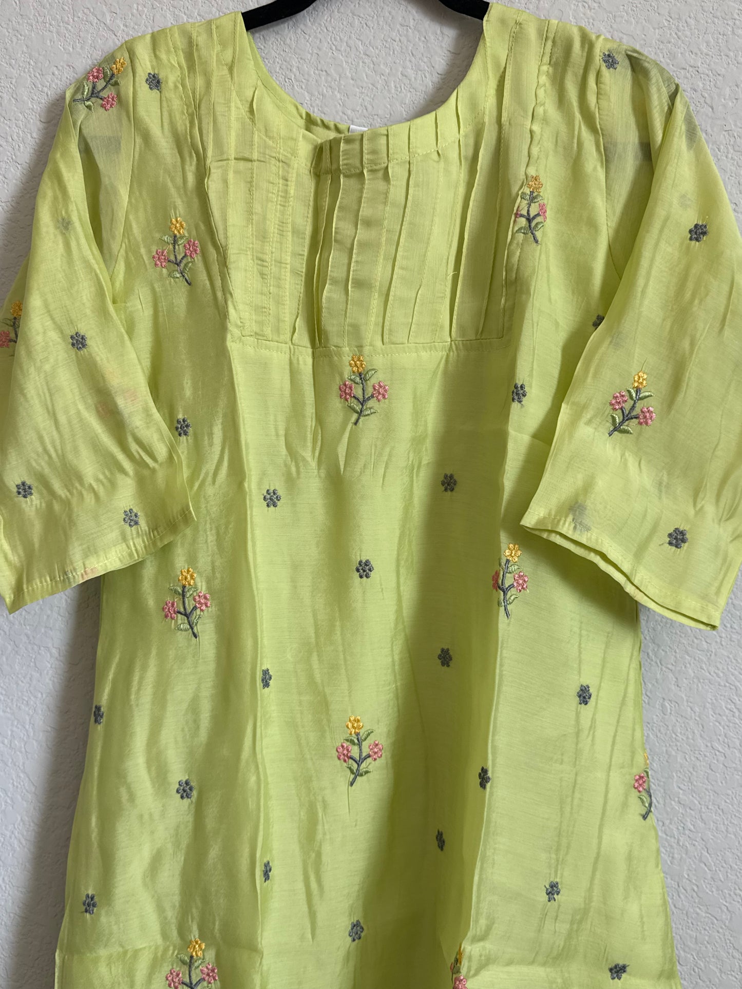 Green Floral Embroidered Mul Chanderi A-line Kurti