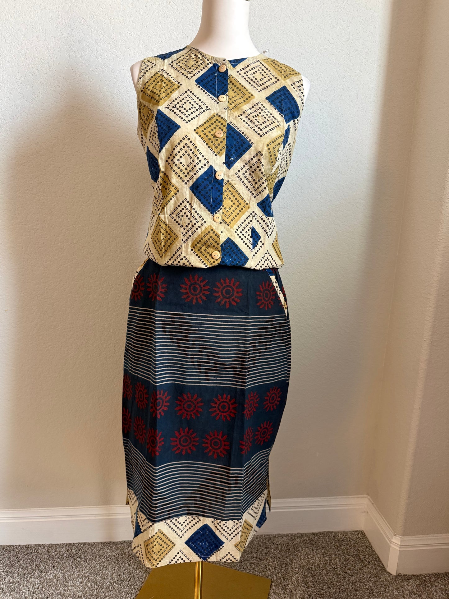 Biege and Blue Cotton Top with Cotton Skirt