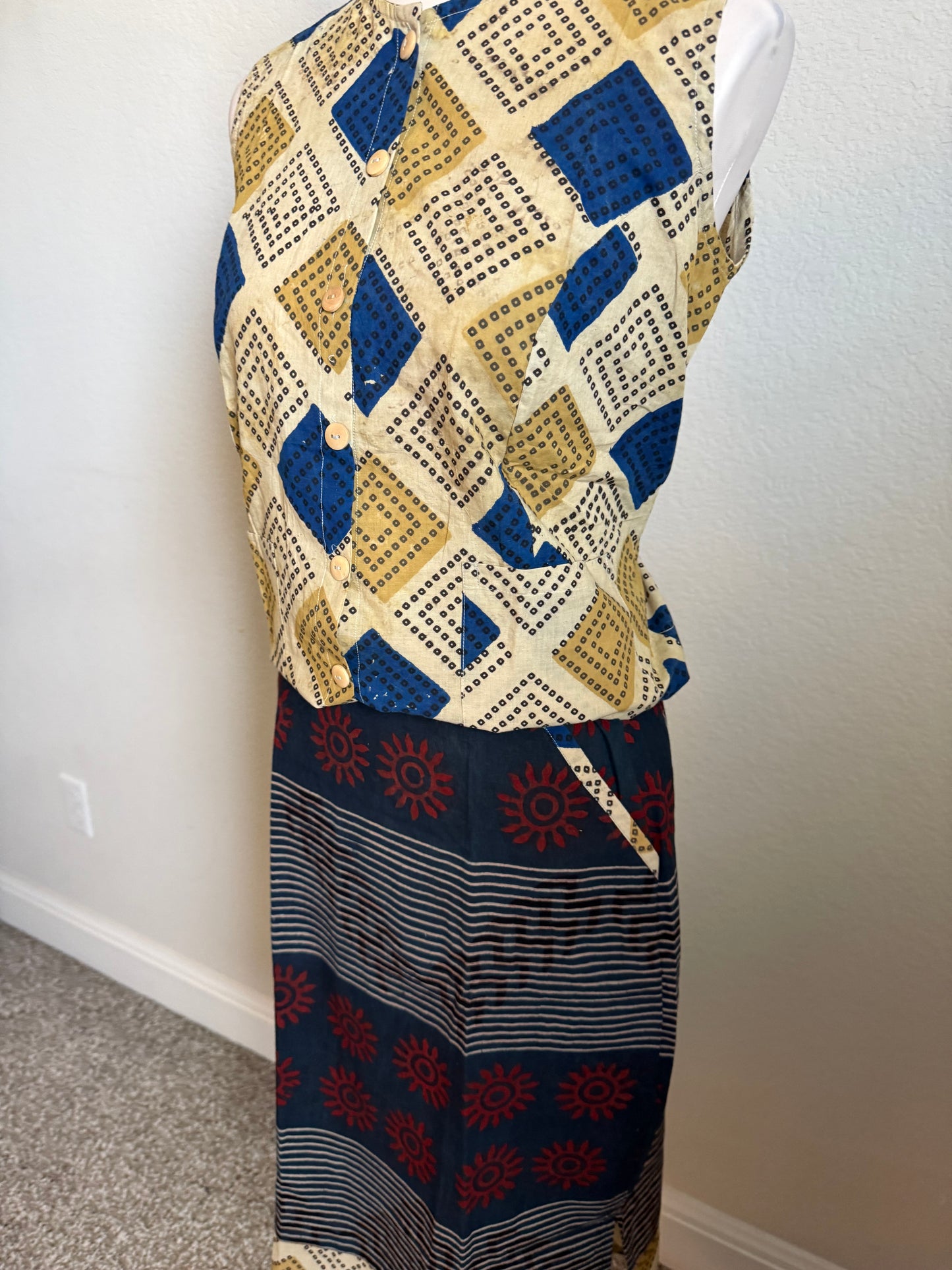 Biege and Blue Cotton Top with Cotton Skirt