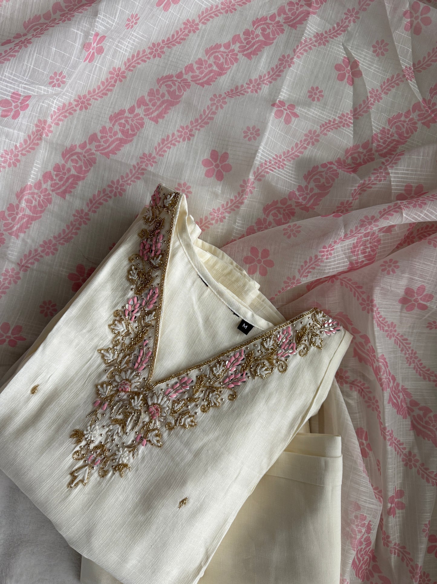 Ivory shade vatican silk handwork anarkali kurti set with floral dupatta