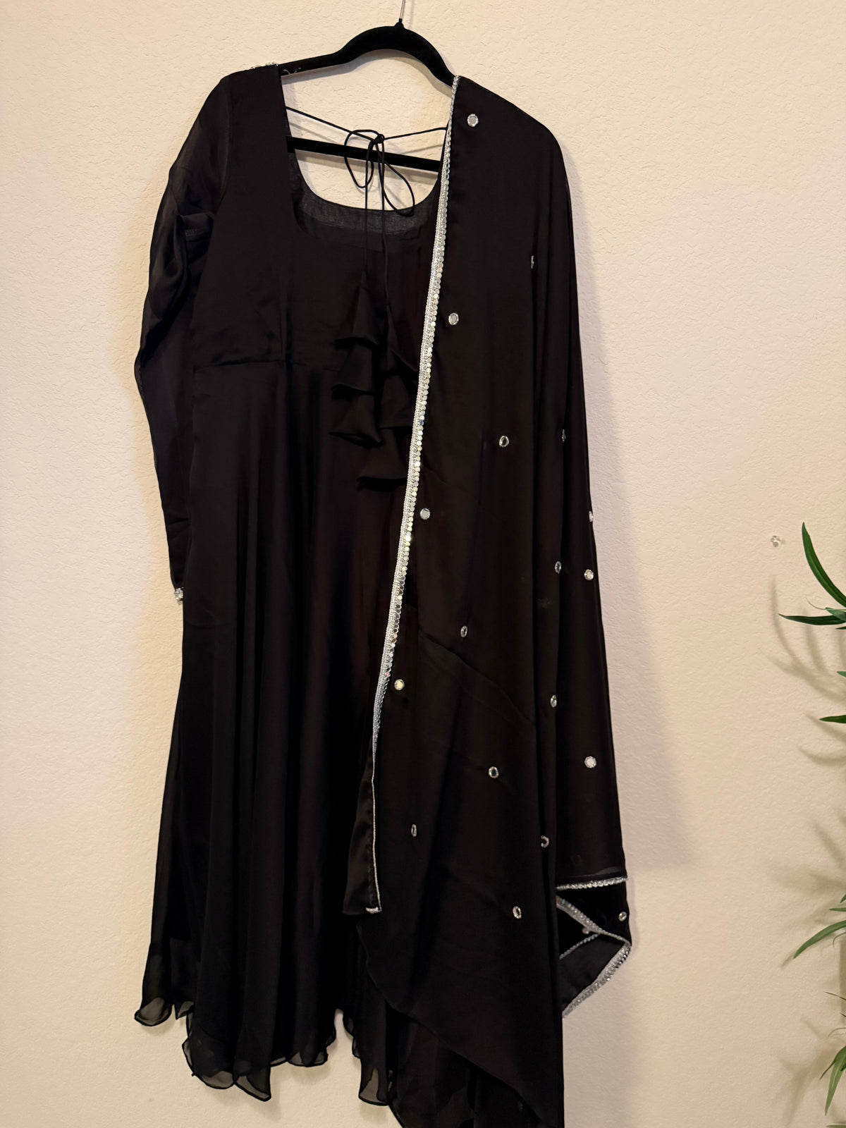 Black Mirror Work Georgette Heavy Flared Anarkali Set - Top and Dupatta