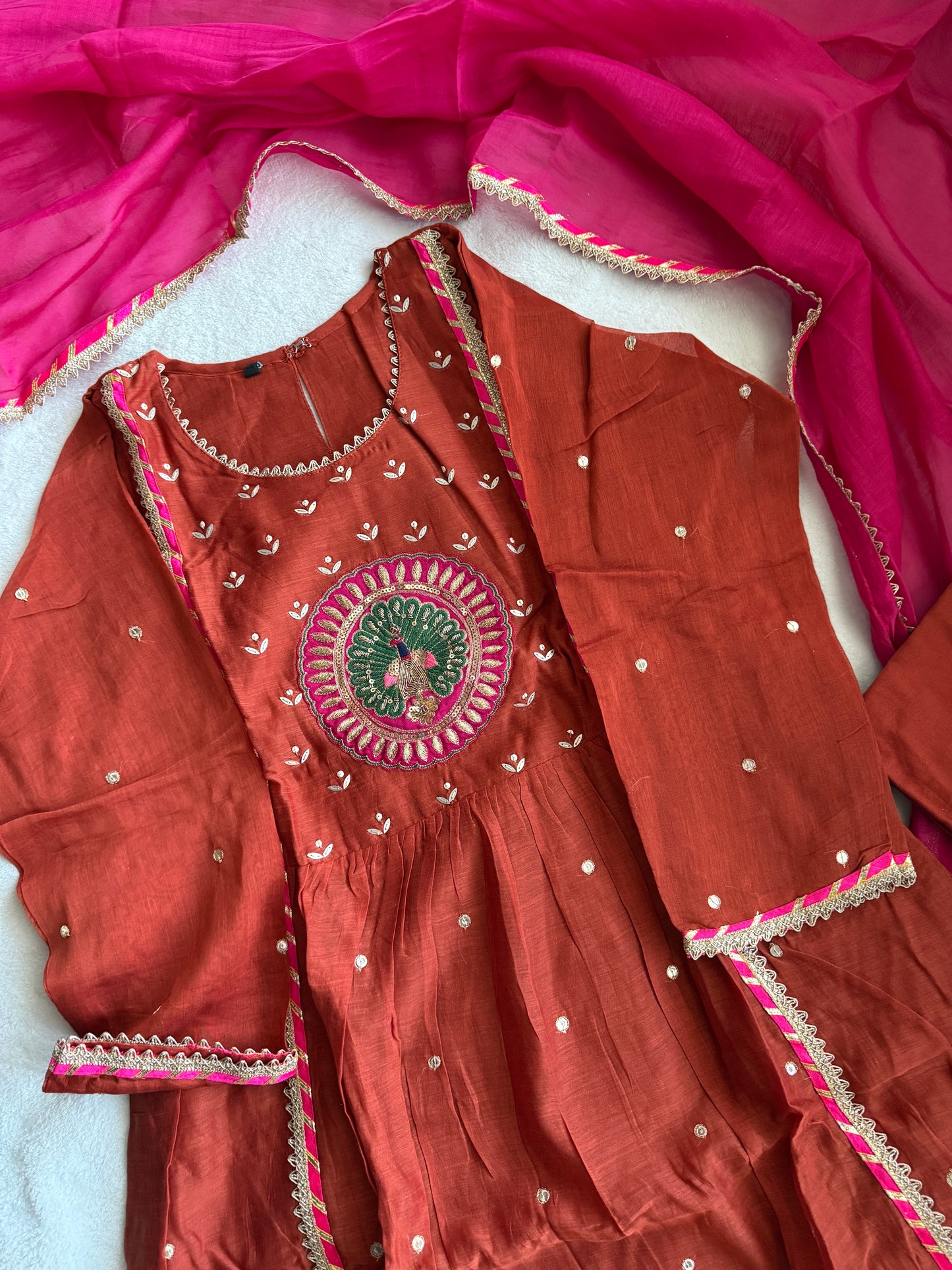 Rust orange pure mul chanderi suit set