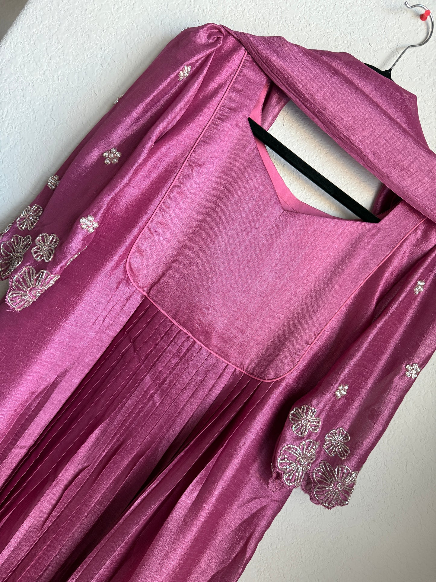 Magenta shade blooming silk handwork pleated anarkali set