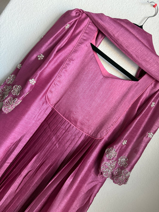 Magenta shade blooming silk handwork pleated anarkali set
