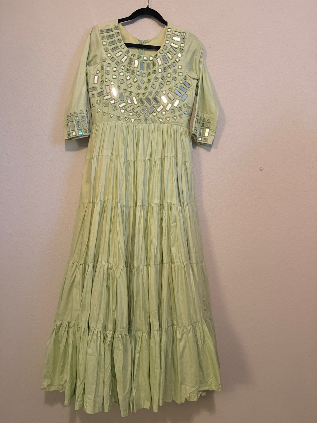 Pista Green Mirror Work Heavy Flared Anarkali Long Dress