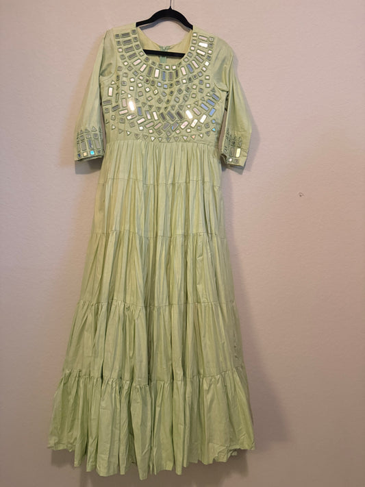 Pista Green Mirror Work Heavy Flared Anarkali Long Dress
