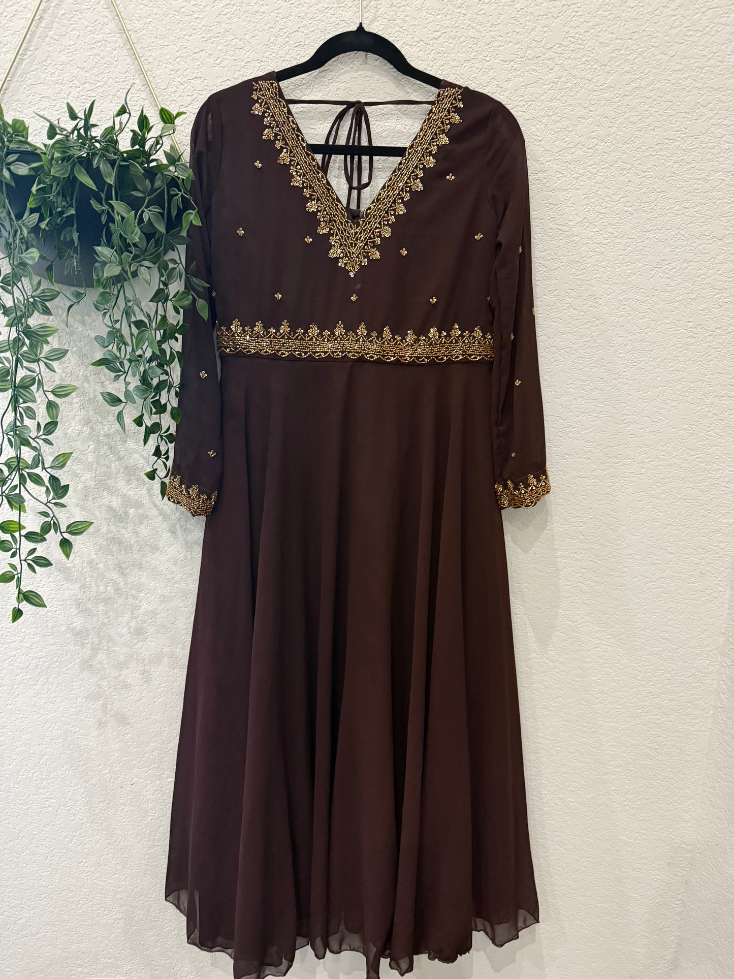 Brown georgette maggam work heavy flared anarkali tunic