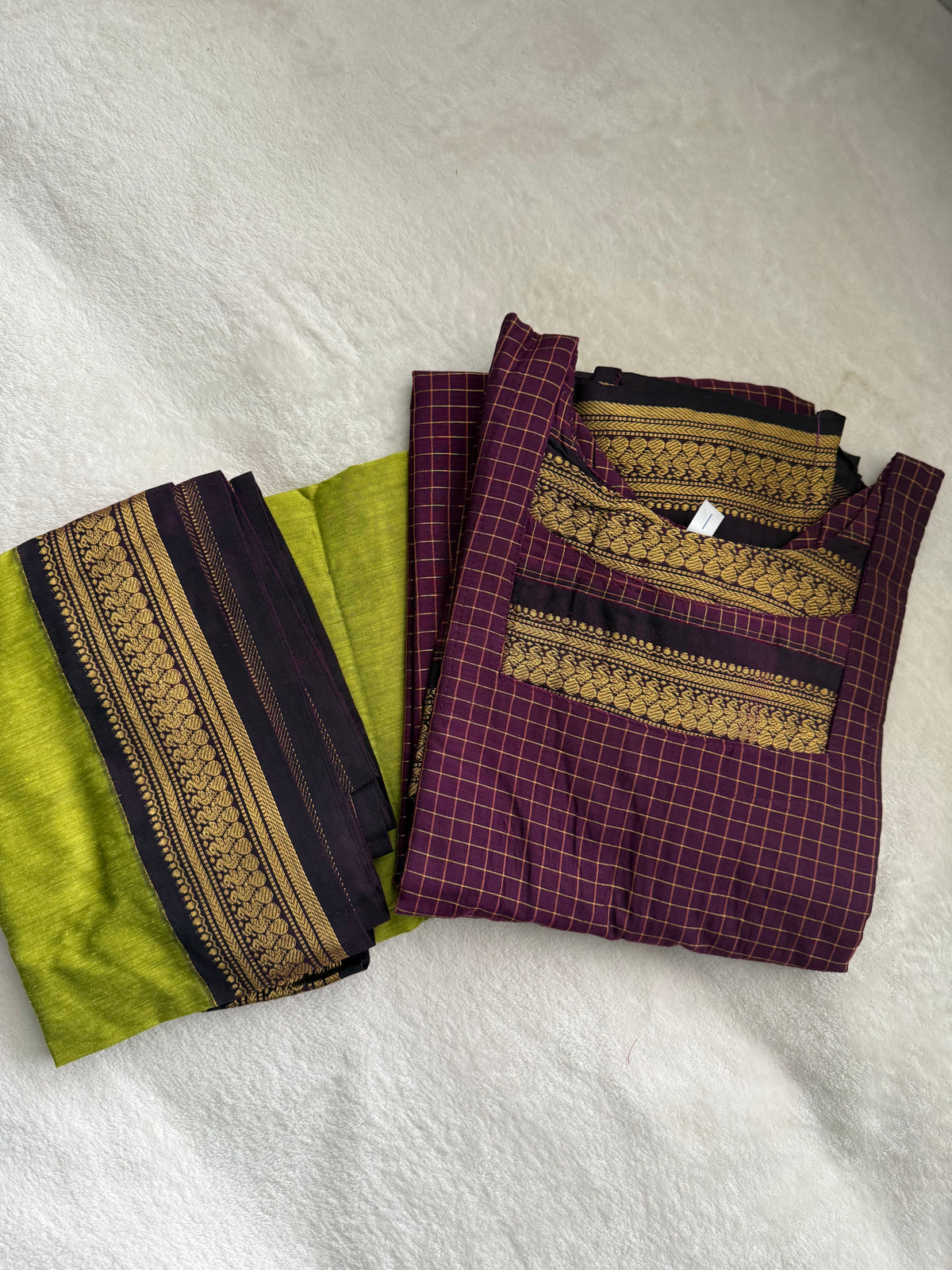 Magenta with Parrot Green Handloom Checks Top and Dupatta Set
